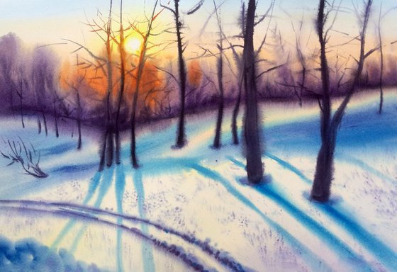Winter Sunset - Winter landscape , sunset painting , sunrise painting , winter painting , snow landscape