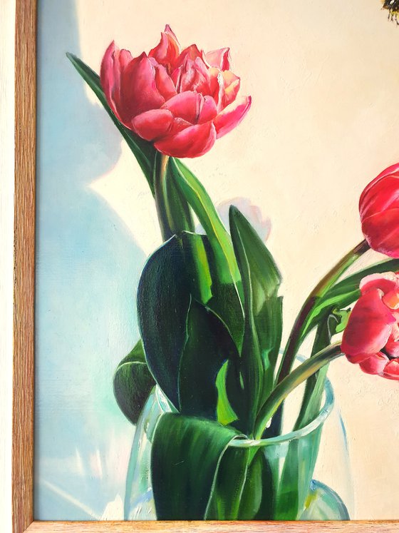 "In oriental style. "  still life summer  tulip bumblebee  white liGHt original painting  GIFT (2021)