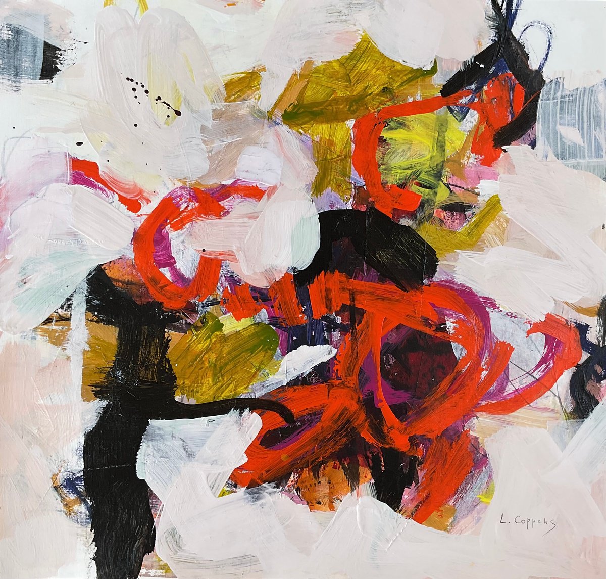 Abstract Acrylic Painting By Linda Coppens, 22 X 20", Radiant Burst, Original Artwork