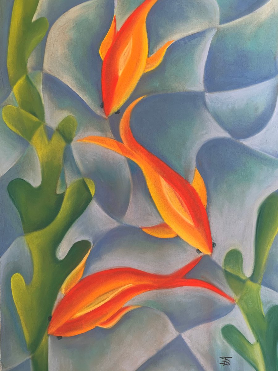 Geometric Animal Pastel Drawing By Tiffany Budd, 19 X 24", Swimming Together, Original Artwork