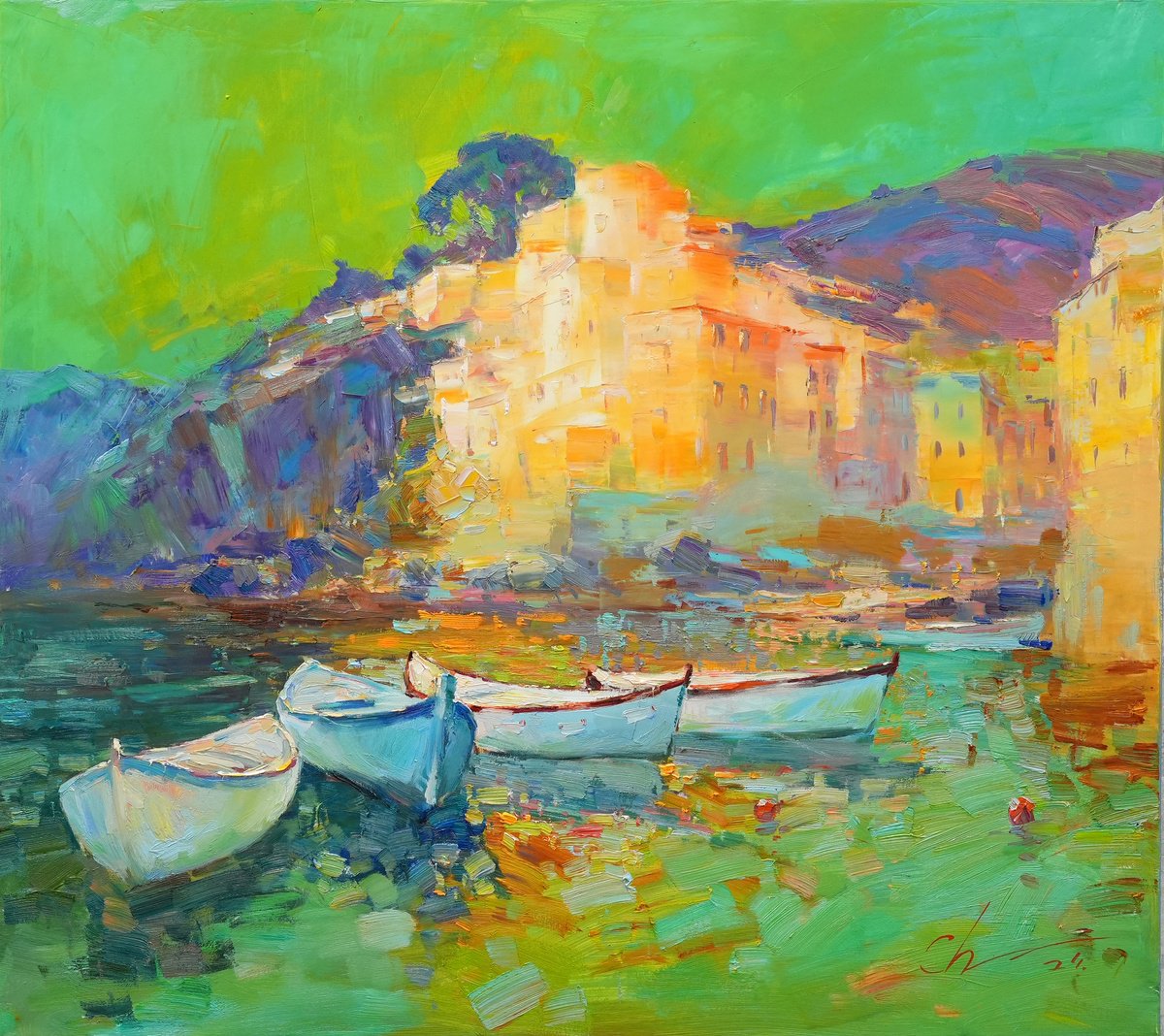 Impressionistic Cityscapes Oil Painting By Serhii Cherniakovskyi, 35 X 31", Riomaggiore Cinque Terre, Original Artwork