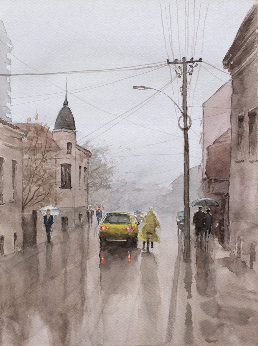 Impressionistic Cityscapes Watercolour By Dejan Trajkovic, 11 X 15, Rainy Day In St.nicholas, Original Artwork