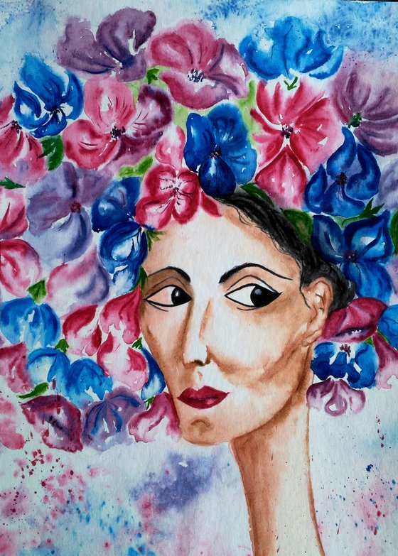 Flower Head Painting Woman Original Art Female Portrait Watercolor Flower Hat Artwork Floral Lady Wall Art 12 by 17" by Halyna Kirichenko