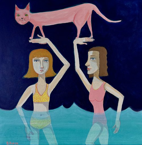 Swimming Girls with Pink Cat by Sharyn Bursic