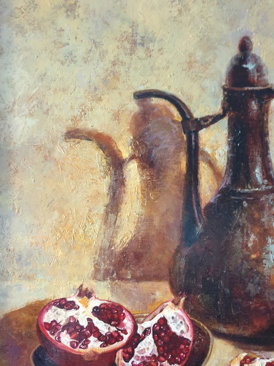 "Oriental still life with pomegranate"   still life pomegranate liGHt original painting PALETTE KNIFE  GIFT (2019)