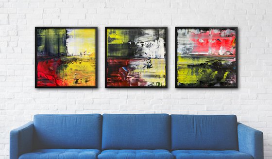 We See Through You - Save As A Series - Original PMS Abstract Triptych Acrylic Paintings On Wooden Panels, Framed - 78" x 26"