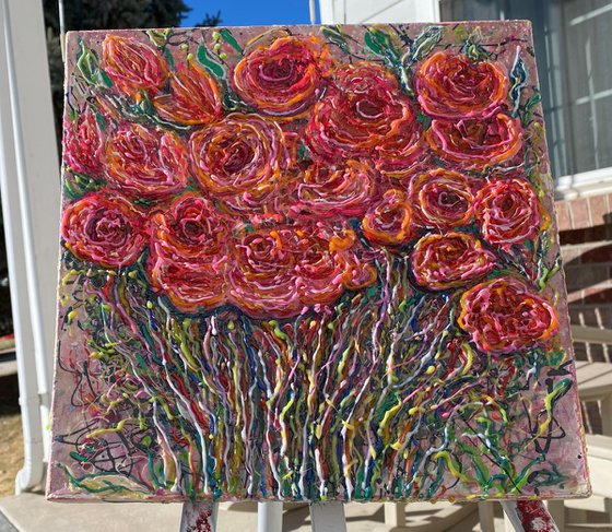 Abstract Roses Bouquet Pink Flowers Painting Thick Textured Palette Knife Combined with Jackson Pollock Contemporary Technique