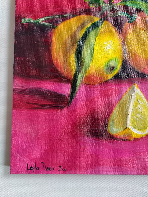 Lemon fruit on bright pink still life oil painting realistic citrus wall decor