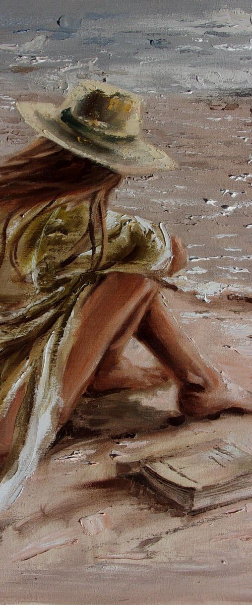 RESERVED " BEST BOOK ... "- SKY SEA SAND liGHt  ORIGINAL OIL PAINTING, GIFT, PALETTE KNIFE by Monika Luniak