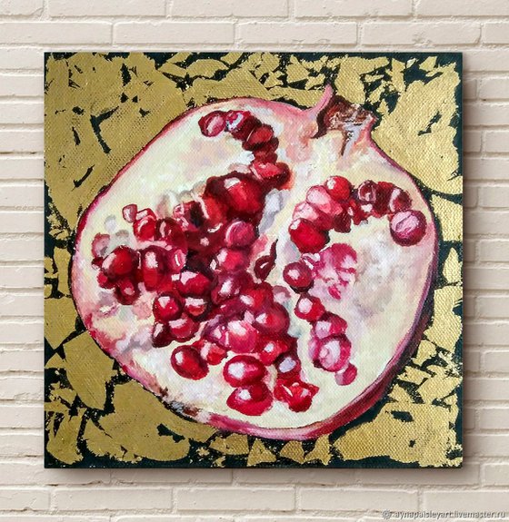 Pomegranate fruit in gold, 20x20 cm. (Ready to hang).