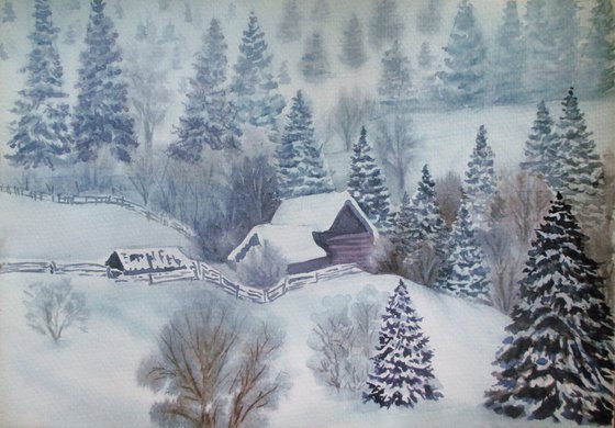 The house in a snow-covered forest