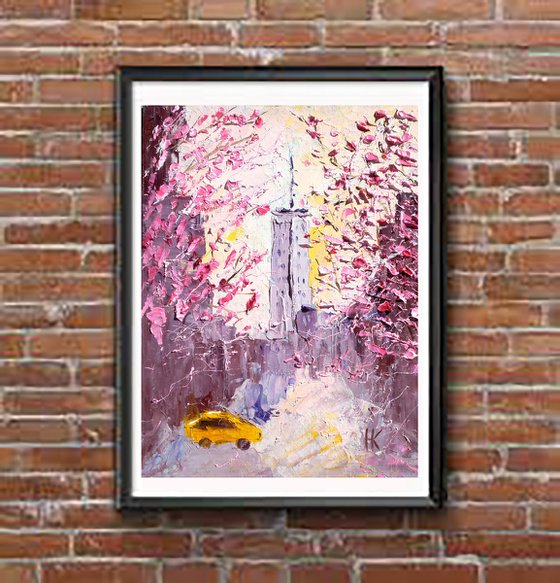 New York Painting Cityscape Original Art Yellow Taxi Oil Impasto Artwork Flowering Sakura Small Home Wall Art