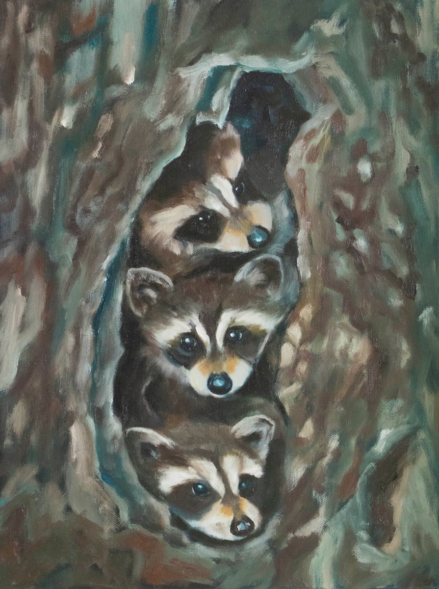 Photorealistic Animal Oil Painting By Eva Chen, 12 X 16, Raccoon, Original Artwork