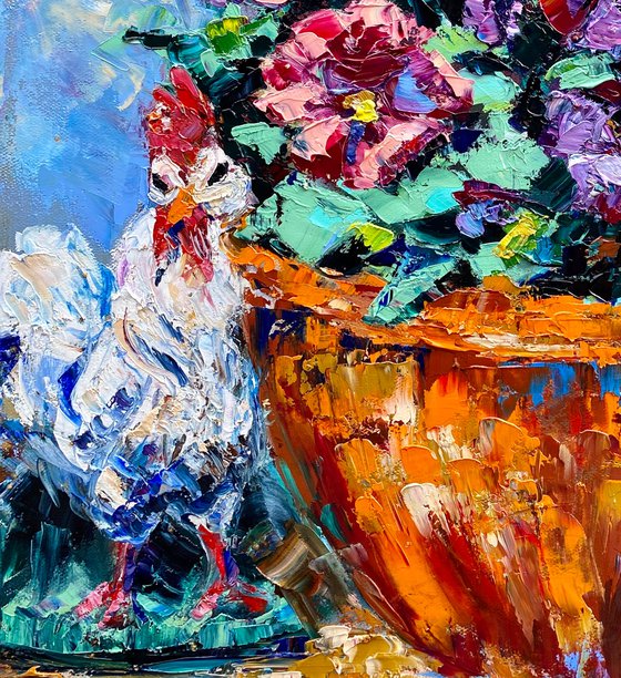 Country Life, 50*60, impressionistic oil still life garden flowers painting with impasto texture