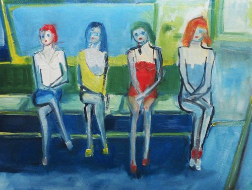 GIRLS FOURSOME CITY TRAVEL. Original Female Figurative Oil Painting. Varnished. by Tim Taylor