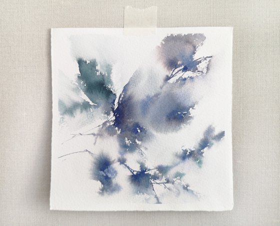 Blue abstract flower painting, small square art