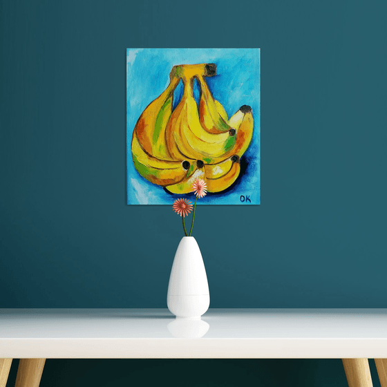 Bananas on  turquoise  Still life. Palette knife painting on linen canvas