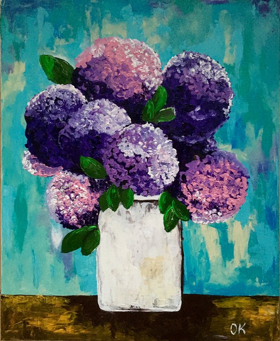 BOUQUET OF Purple and Pink  hydrangea in a white vase palette  knife Original Acrylic painting office home decor gift