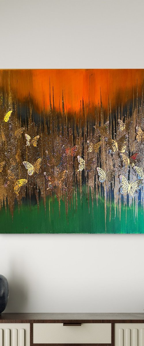 Every end has a beginning sunset abstract butterfly gold green orange with glitter by Henrieta Angel