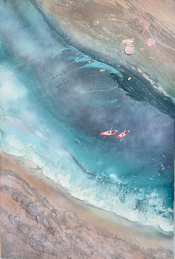 Teal Texture seascape with kayaks  2 90x60