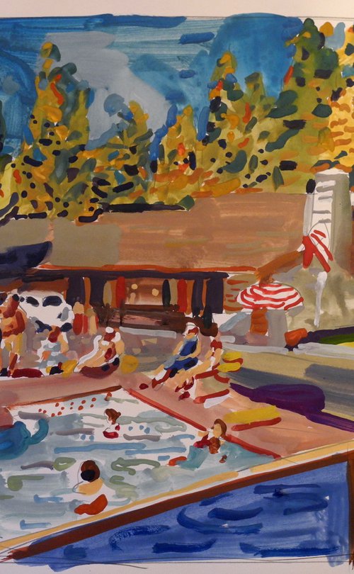 Motel pool scene - gouache by Stephen Abela