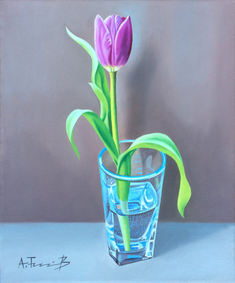 Photorealistic Still Life Oil Painting By Alexander Titorenkov, 10 X 12, Still Life With Tulip, Original Artwork