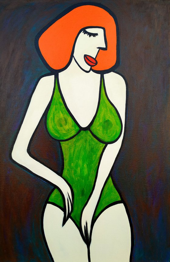Ginger lady in green lingerie