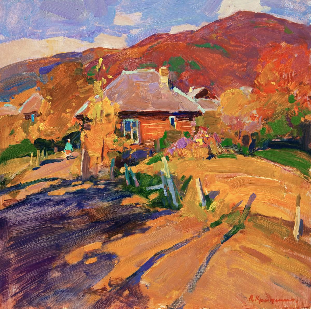 Impressionistic Landscape Oil Painting By Aleksandr Kryushyn, 20 X 19, On A Rural Road. October., Original Artwork