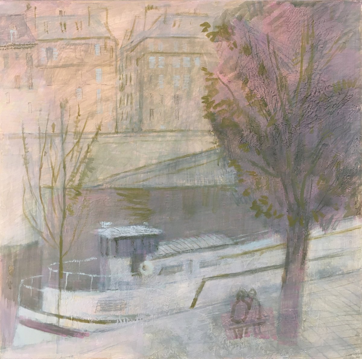 Impressionistic Cityscapes Acrylic Painting By Olga Kataeva-Rochford, 24 X 24", Seine Quayside Lovers, Original Artwork