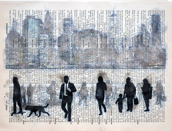 City Rush - Manhattan - Collage Art Print on Large Real English Dictionary Vintage Book Page