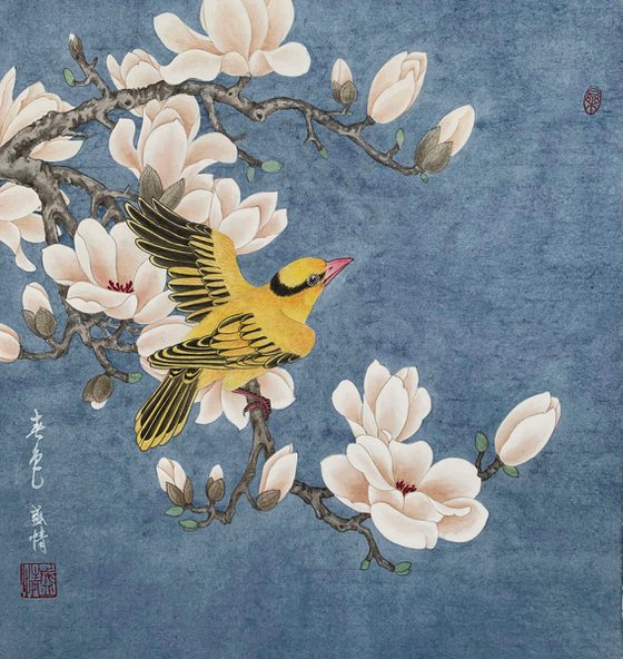 Magnolia & Oriole, Original Gongbi Brush Painting