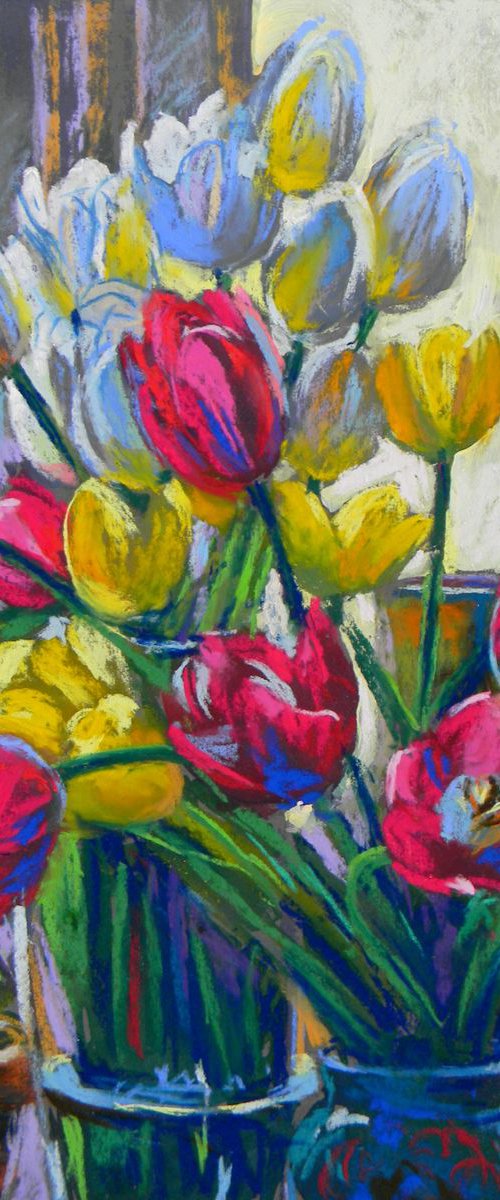 Tulips against the window by Liudmyla Chemodanova