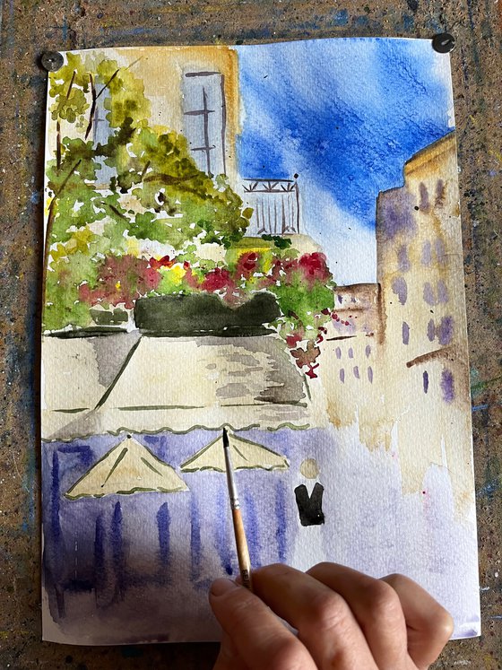 Paris Painting Cafe de Flore Original Art Cityscape Watercolor Europe Artwork Travelling Wall Art 9 by 12,5" by Halyna Kirichenko