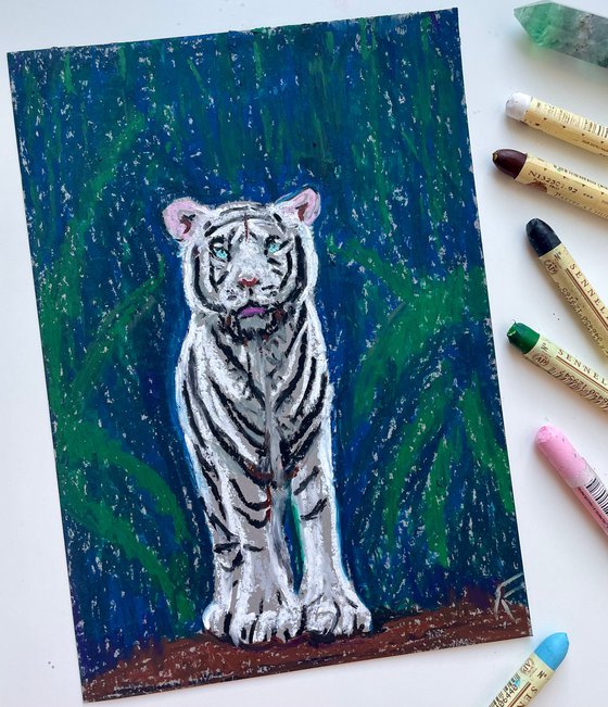 Tiger Original Oil Pastel Painting, Chinese New Year Gift, Animal Drawing, Impressionist Wall Art