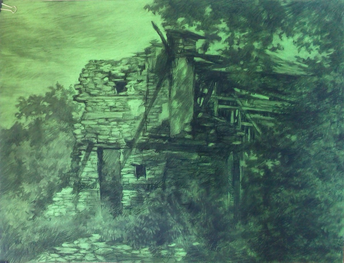 Photorealistic Landscape Charcoal Drawing By Zlatina Krusteva, 28 X 22", "Remains Of A Wall", Original Artwork