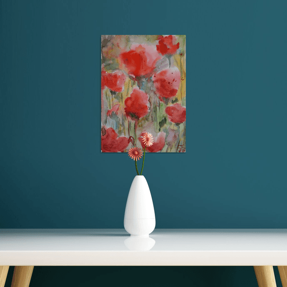 Original watercolor painting Flowers poppies