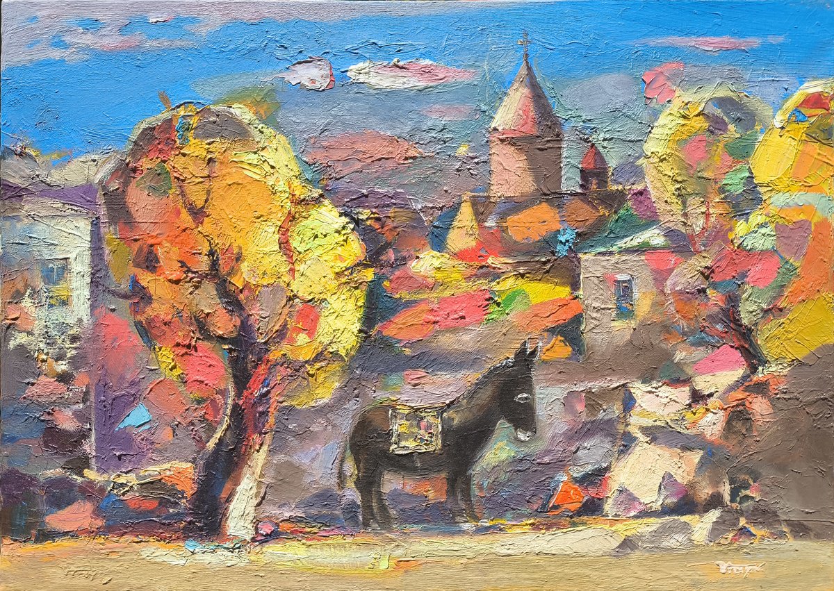 Impressionistic Landscape Oil Painting By Hayk Miqayelyan, 28 X 20, Village Harmony, Original Artwork