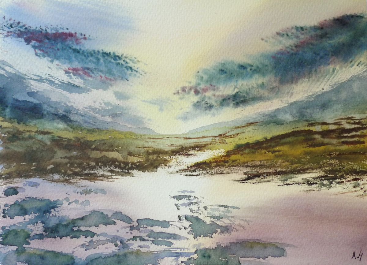 Impressionistic Landscape Watercolour By Aneta Gajos, 16 X 12, Lakescape, Original Artwork