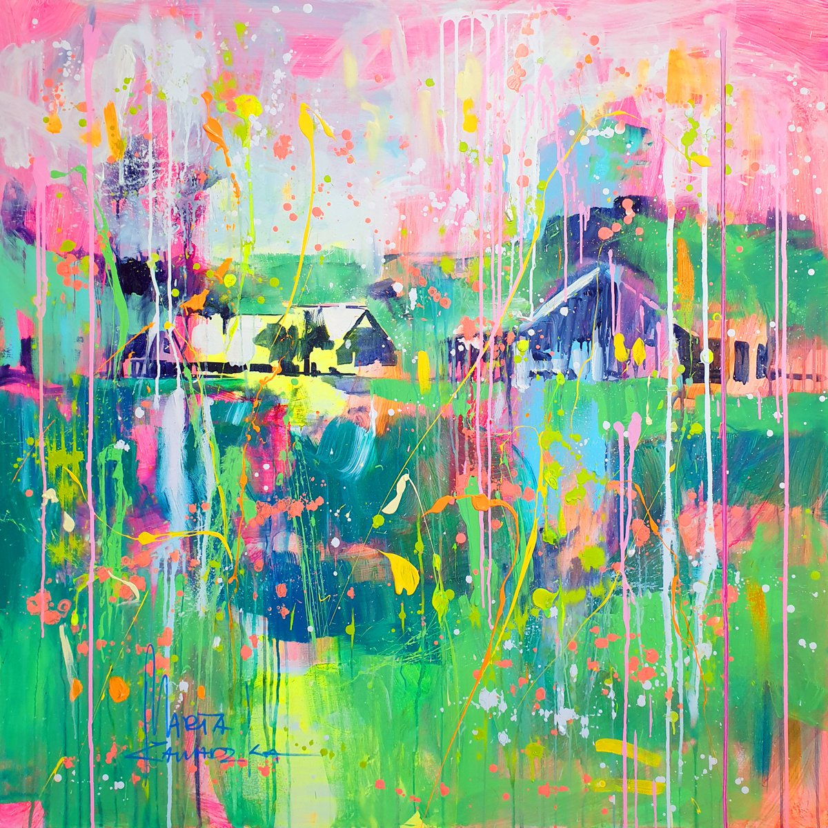 Impressionistic Landscape Acrylic Painting By Marta Zawadzka, 47 X 47", Green Ballet, Original Artwork