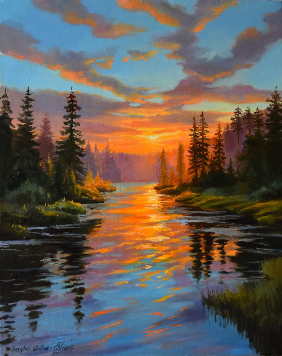 Impressionistic Landscape Oil Painting By Serghei Ghetiu, 16 X 20", The Sunset In The Forest, Original Artwork