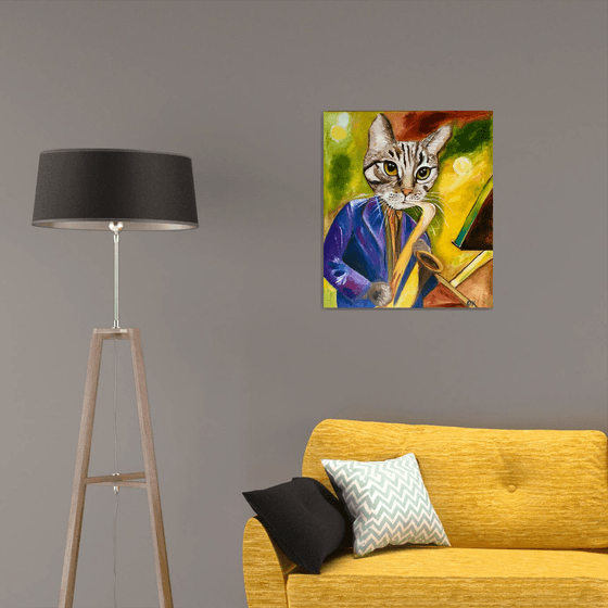 Cat  Saxophonist, musician, feline art for cat lovers.