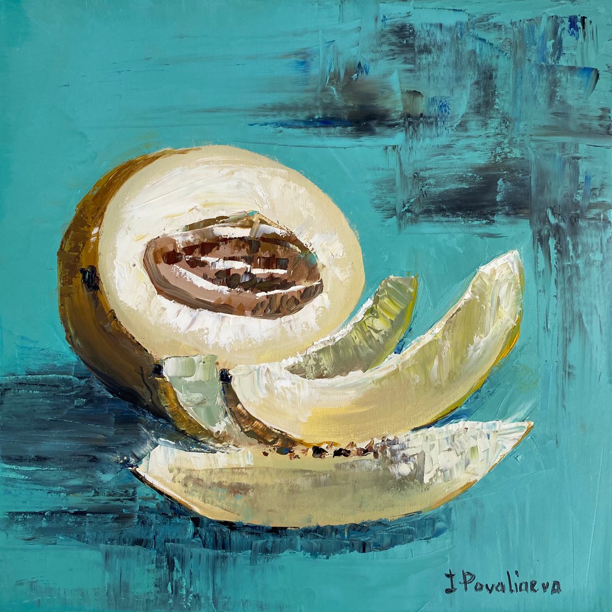 Still life with melons original oil painting, yellow and turquoise , one of a kind, mediu... by Irina Povaliaeva