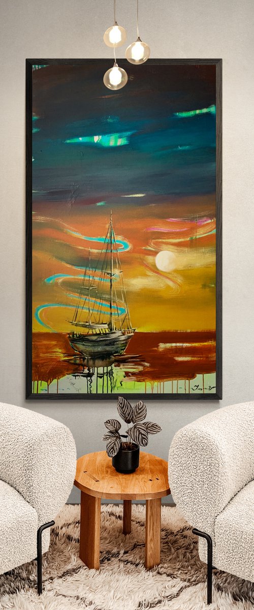 Big Vertical painting - "Orange sunset" - Boat - Sailboat - Seascape - Ocean - Sunset by Yaroslav Yasenev