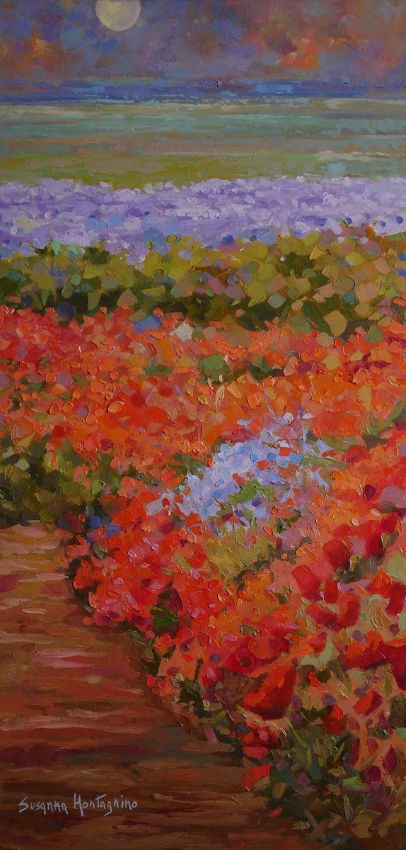 Impressionistic Botanical Oil Painting By Susanna Montagnino, 16 X 31", Flowering In Red, Original Artwork