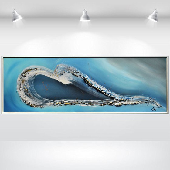 Heartbeat - abstract acrylic painting, canvas wall art, blue, black, white gold, framed modern art