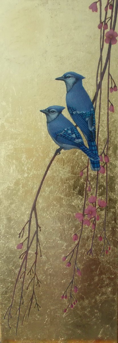 bird painting Blue jays on the branches of a flowering tree by Tatyana Mironova