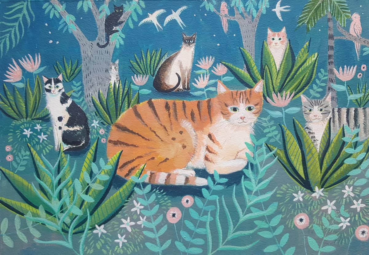 Illustrative Animal Acrylic Painting By Mary Stubberfield, 16 X 11", Night Garden, Original Artwork