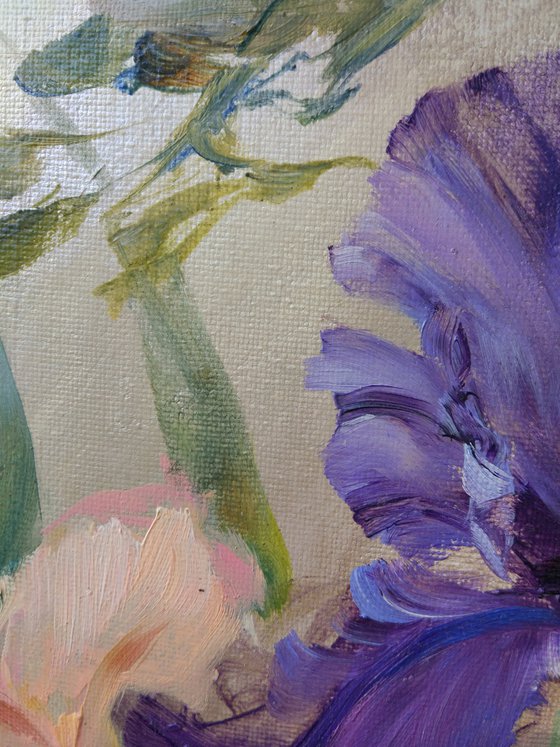 Irises and wild rose on silver. Original oil painting