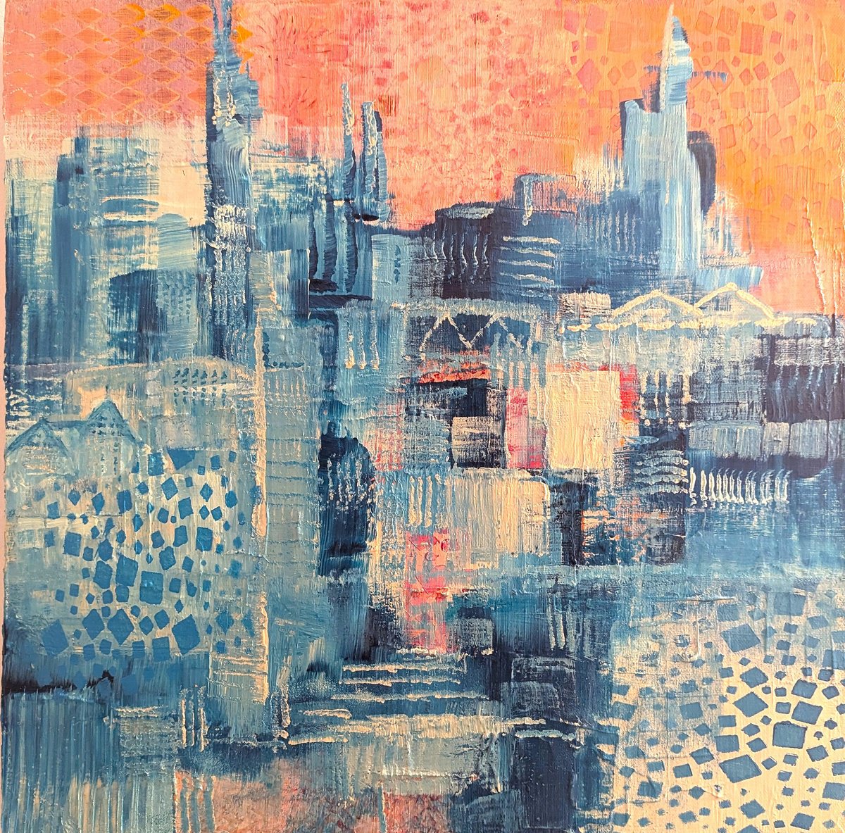 Abstract Cityscapes Acrylic Painting By Lisa Price, 18 X 18", City Summer Nights, Original Artwork