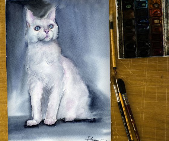 White cat Original Watercolor Painting